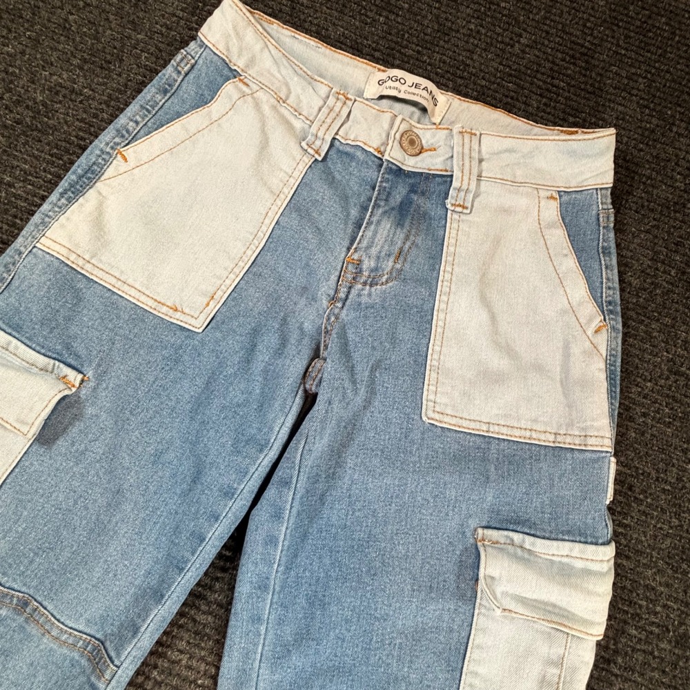 Gogo Jeans Utility Collection Two Tone Cargo Wide Leg Denim Blue Jeans 24